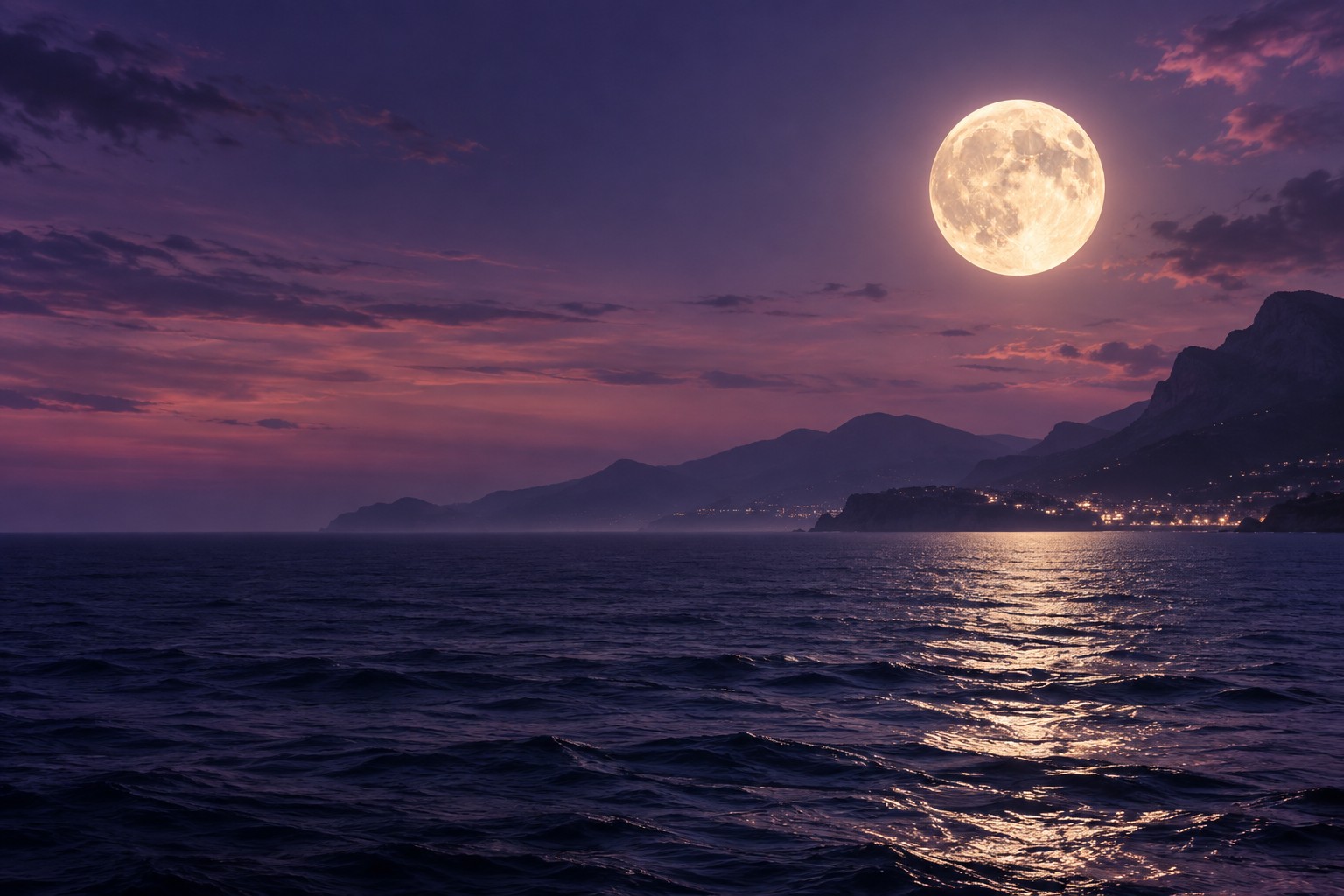 A luminous moon above a violet sea